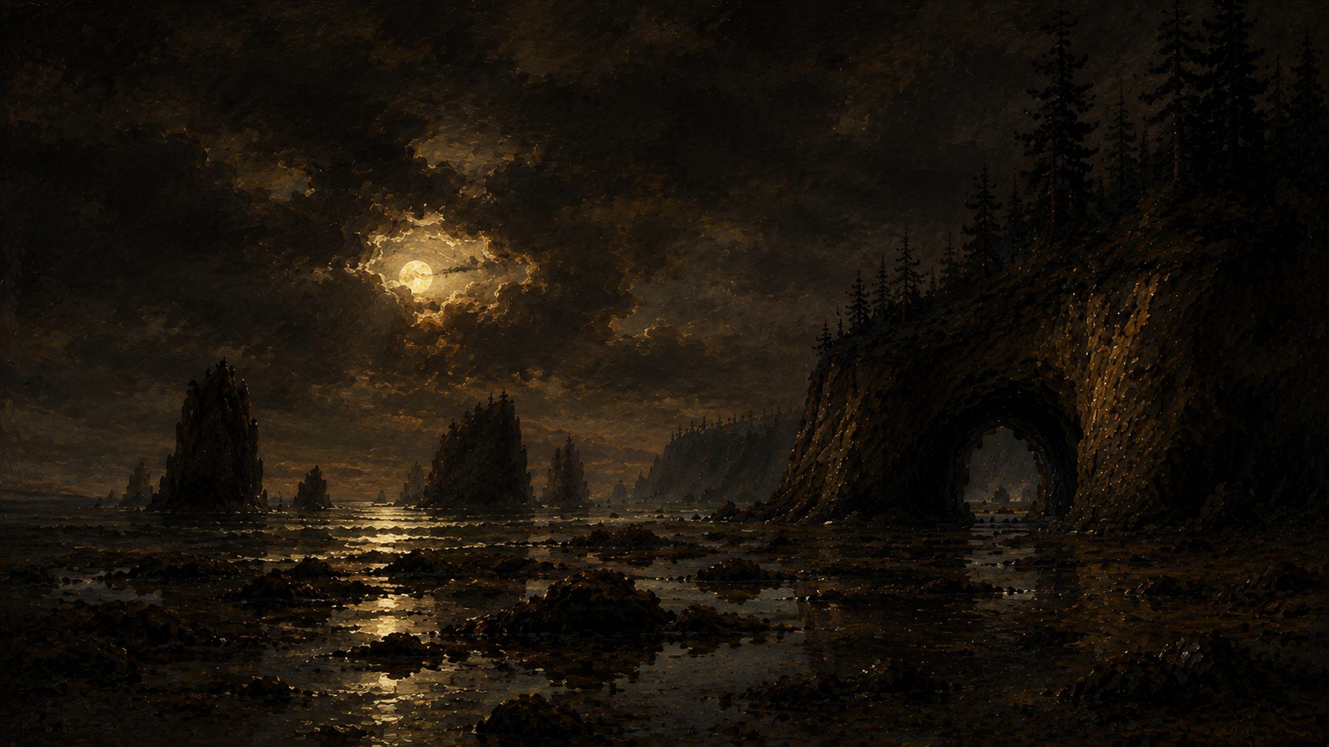 Moonlit sea stacks at low tide